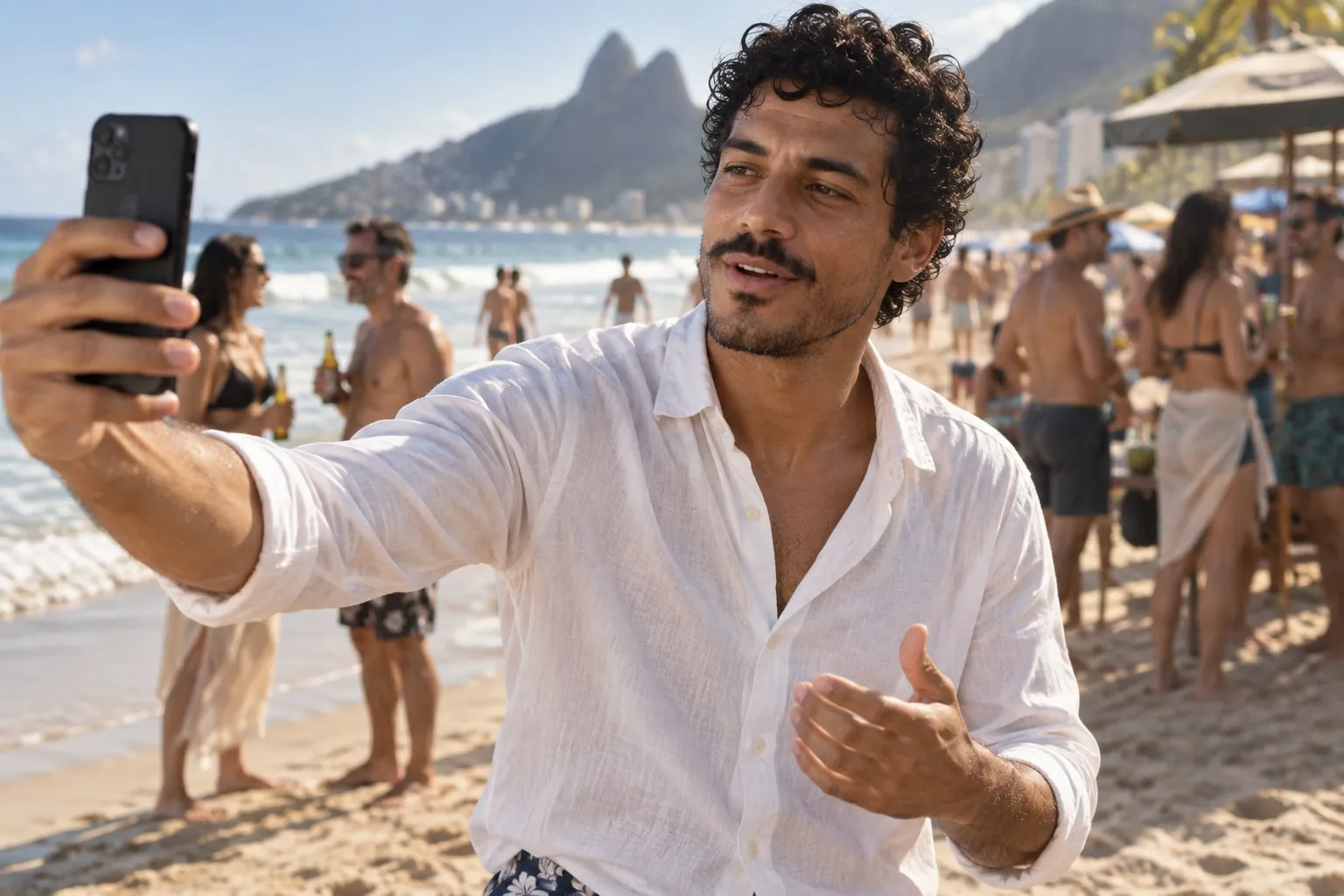 A creator filming a selfie video on the beach