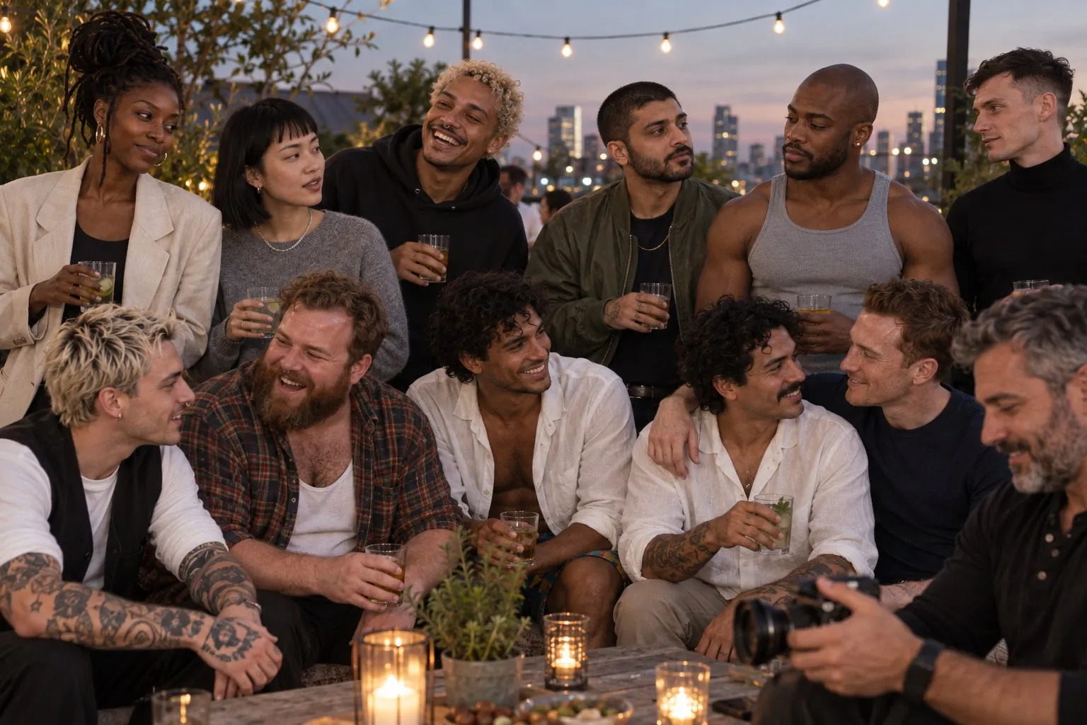 Creators and managers at a Bunny Agency for Men evening event on a rooftop