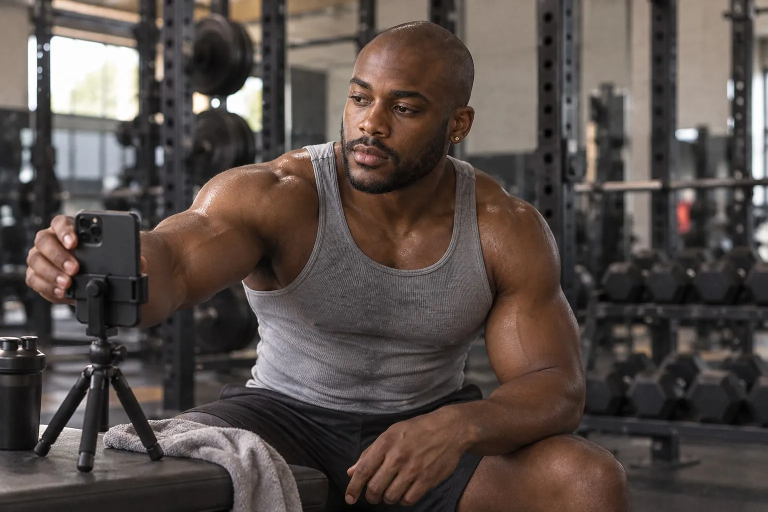 A male creator setting up his phone on a tripod between sets at the gym